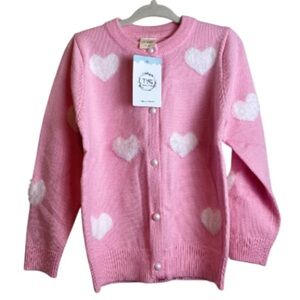 Cardigan Pink with White Hearts Faux Pearl Buttons NWT size 5